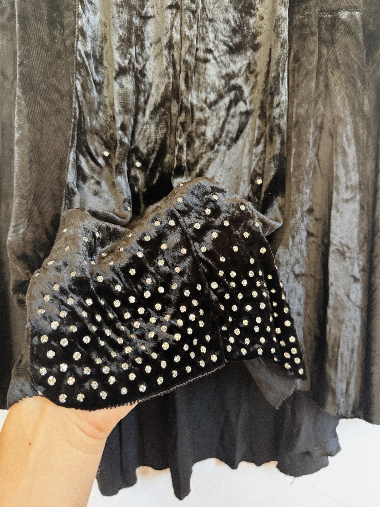 1920s Midnight Black Crushed Silk Velvet Diamenté Dress- S/M