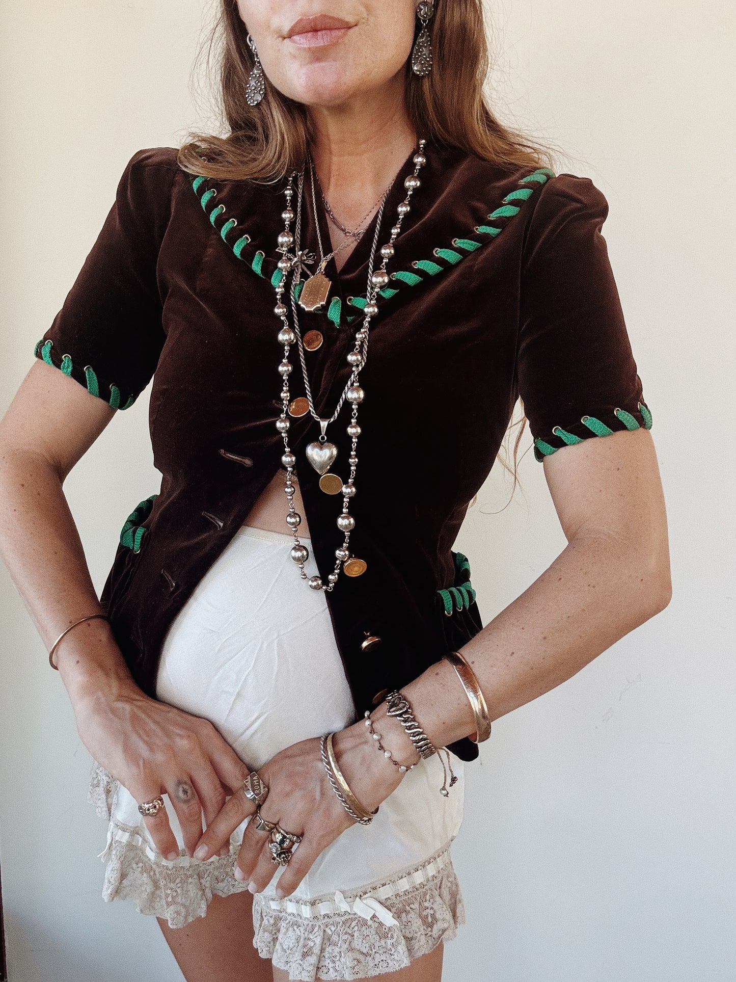 1940s Chocolate Velvet Top w/ Green Laced Trim + Brass Buttons- S-S/M