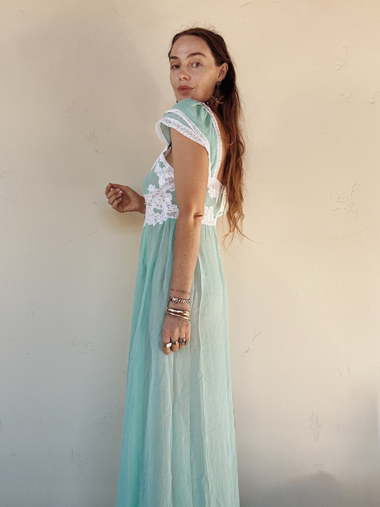 1930s Aquamarine Silk Chiffon + Lace Slip Dress- S-S/M