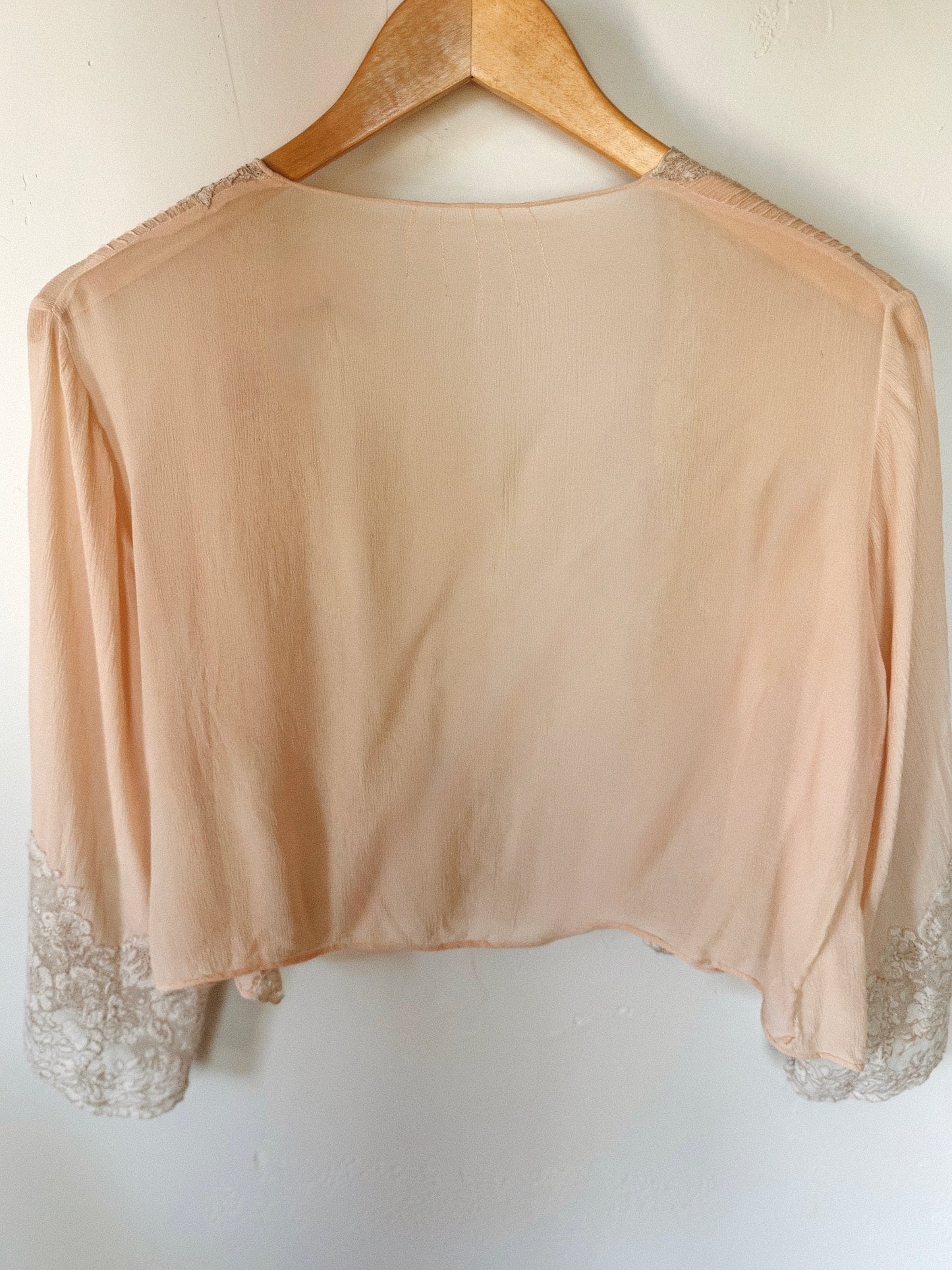 1930s Blush Pink Crinkle Silk Chiffon + Lace Bed Jacket- S-M/L