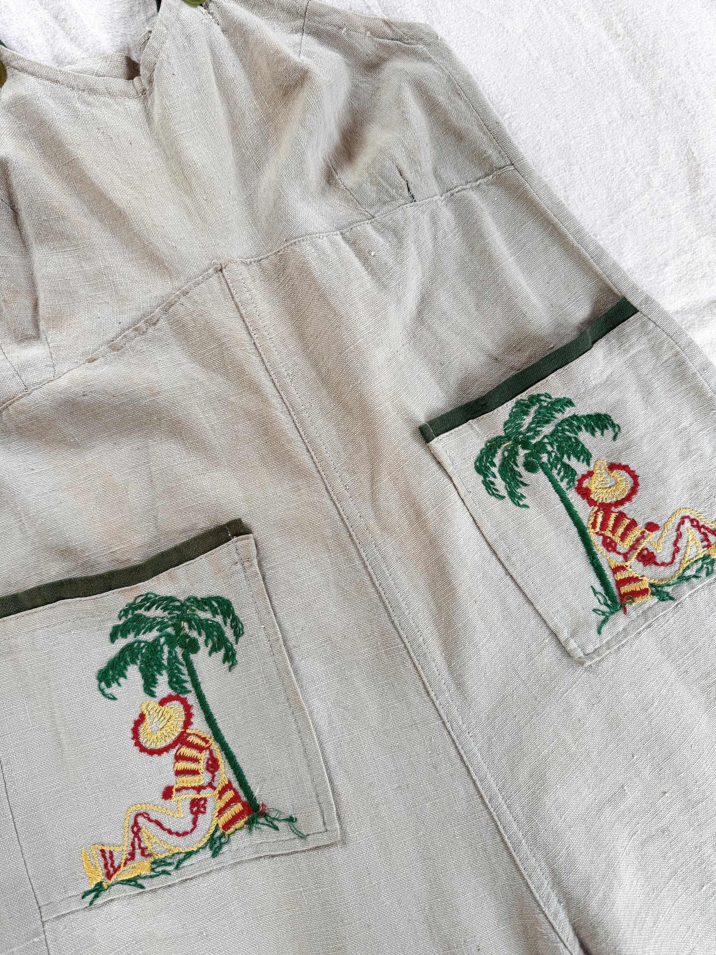 1930s Mint Green Linen Embroidered Vacation Overalls- S/M