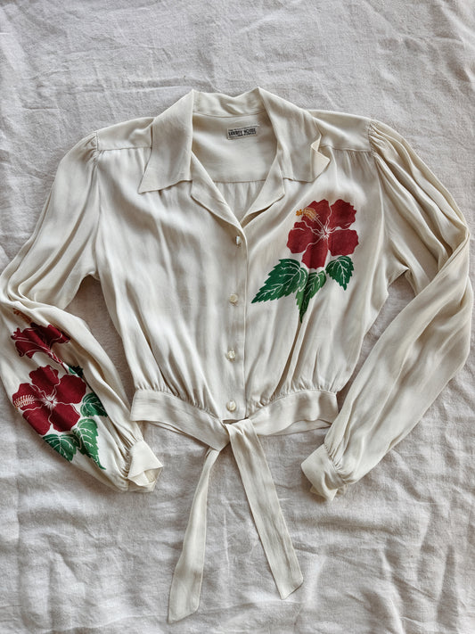 1940s Hawaiian Cropped Ivory Hibiscus Blouse- S