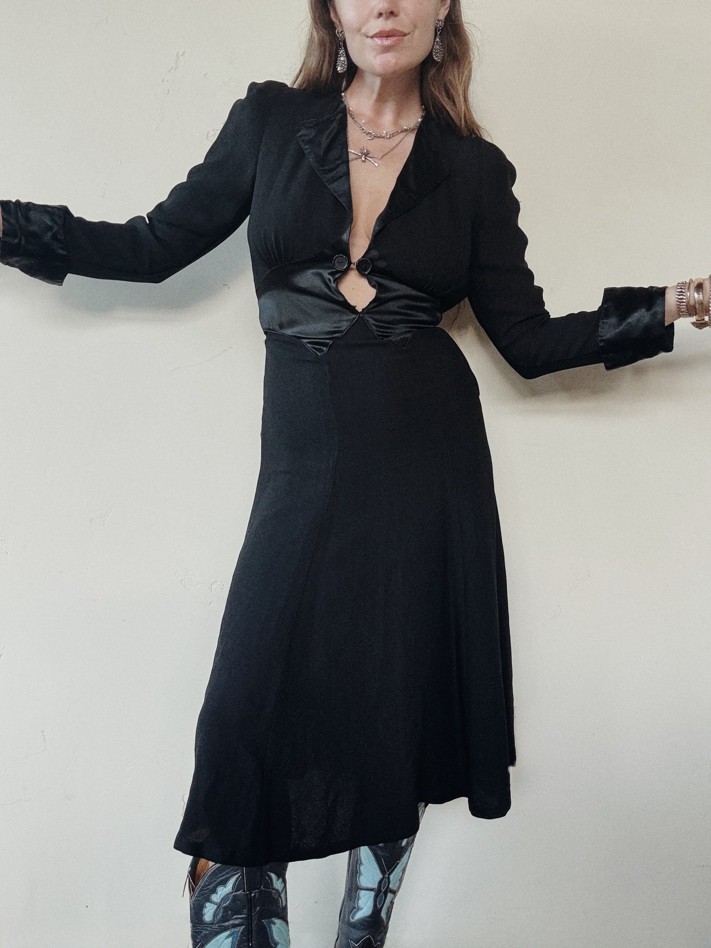 1970s Ossie Clark Black Moss Crepe Dress- S