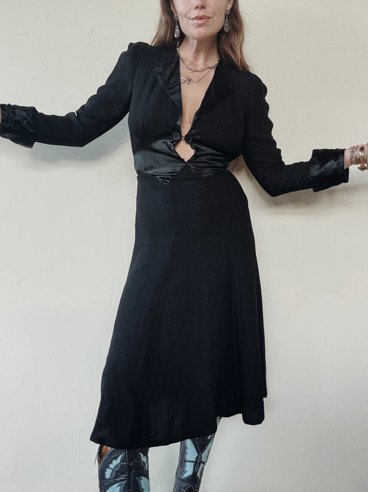 1970s Ossie Clark Black Moss Crepe Dress- S