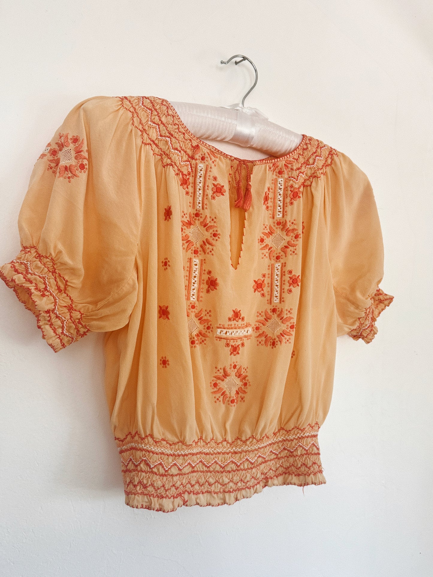 1930s Peach Silk Hungarian Peasant Blouse w/ Floral + Butterfly Embroidery- S/M