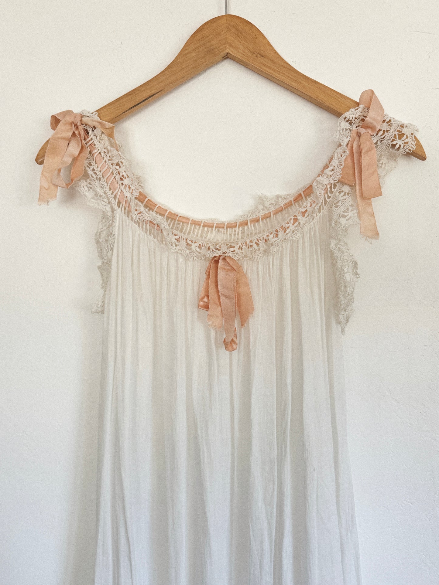 Victorian White Cotton Nightgown w/ Crocheted Trim + Pink Ribbon- XS- S/M