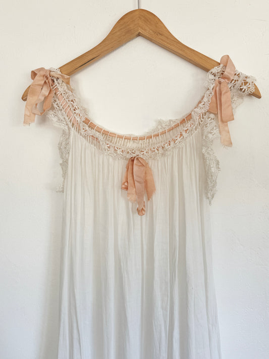 Victorian White Cotton Nightgown w/ Crocheted Trim + Pink Ribbon- XS- S/M