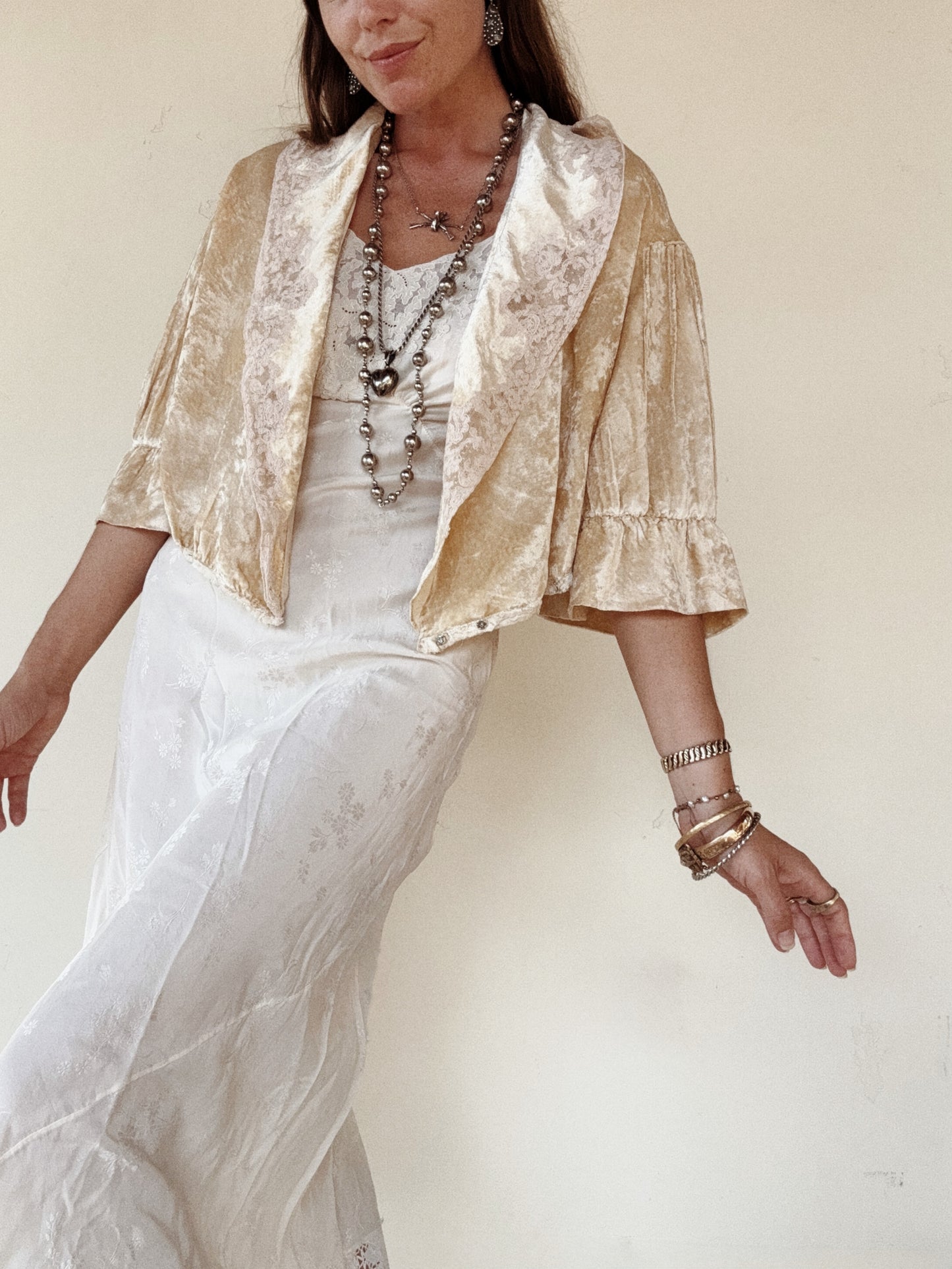 1930s Ivory Crushed Velvet + Lace Cropped Jacket- M