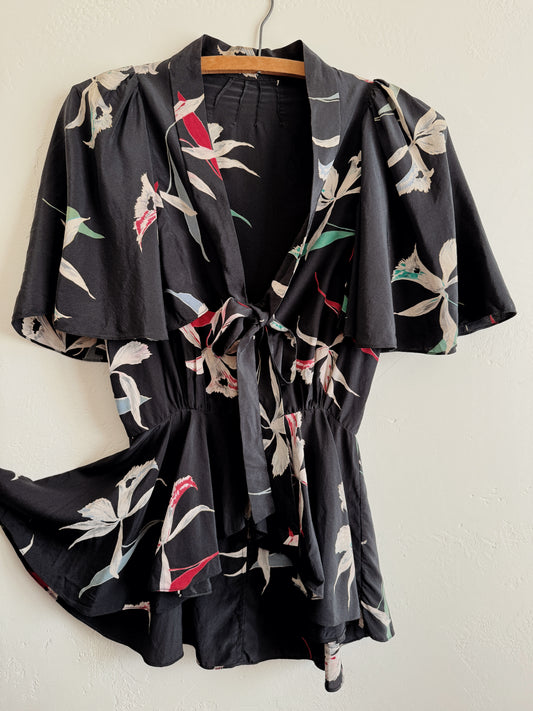 1930s/40s Black Orchid Silk Blouse w/ Flutter Sleeves- XS/S