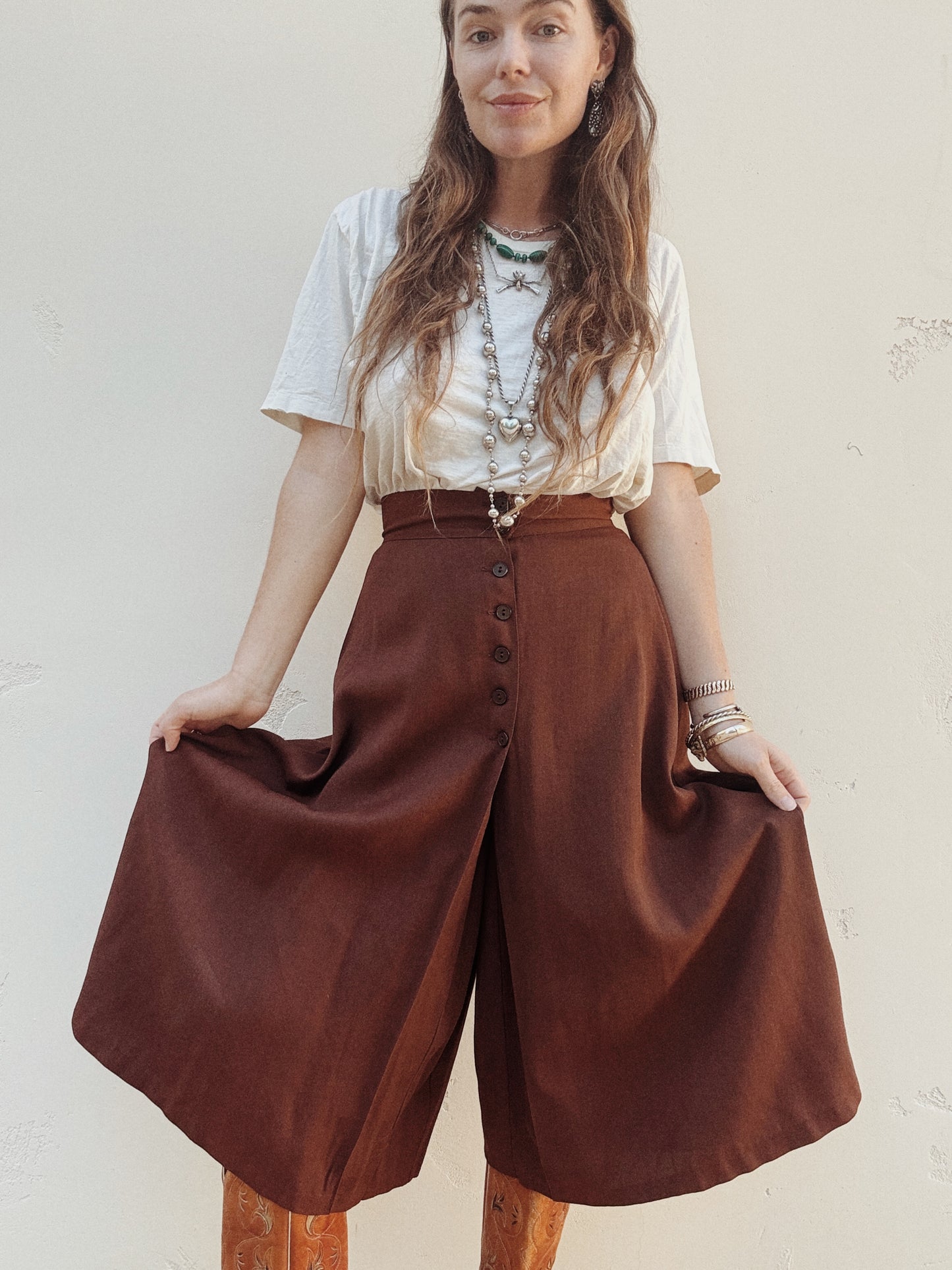 1940s Brown Rayon Gabardine Split Skirt Culotte Pants- S/M