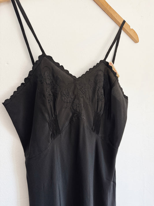 1930s/40s Italian Black Silk Slip Dress w/ Floral Embroidery- S-S/M