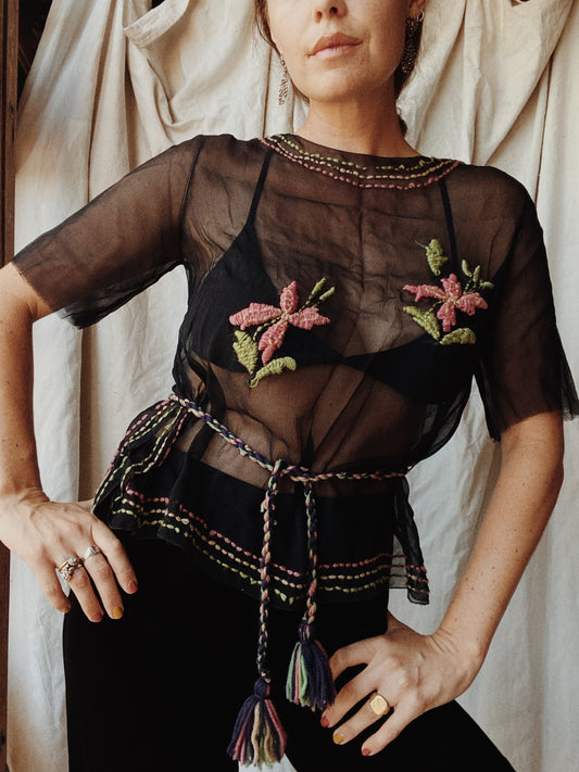 1920s Black Chiffon Top W/ Floral Embroidery- S/M