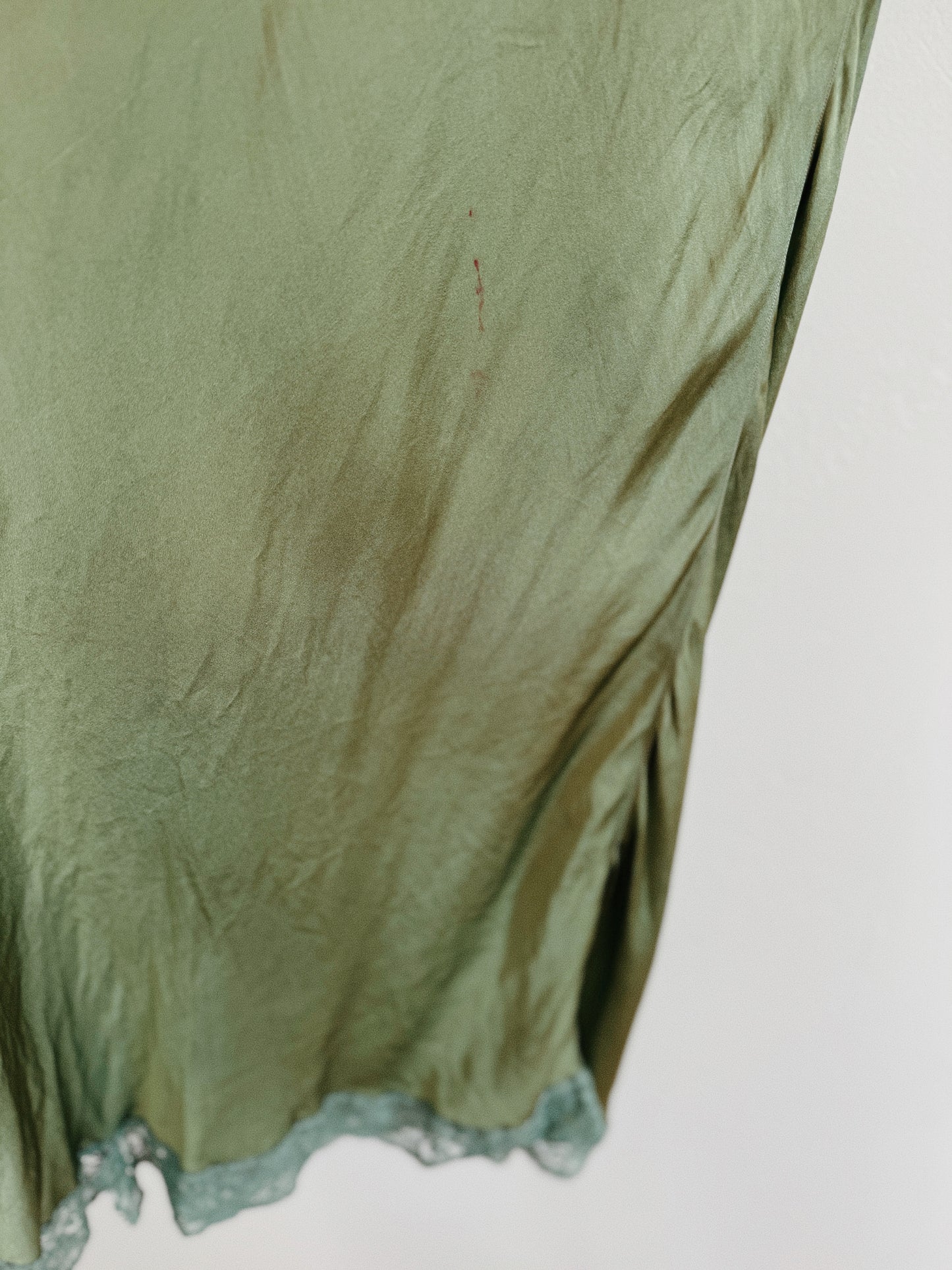 1940s Moss Green Silk Spaghetti Slip Dress w/ Lace Trim- S