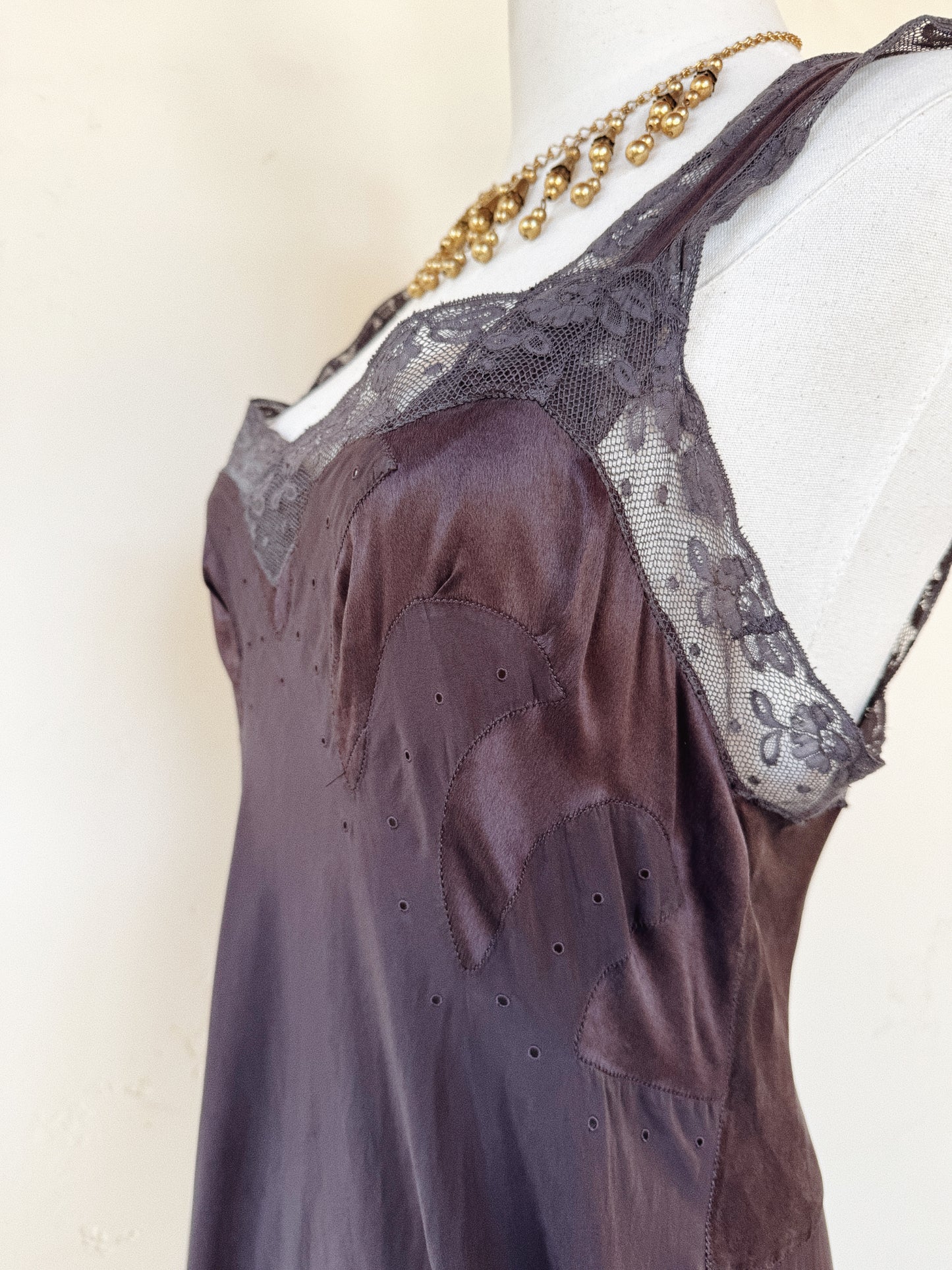 1930s Aubergine Silk Slip Dress w/ Wave Inserts + Circular Embroidery- S/M-M