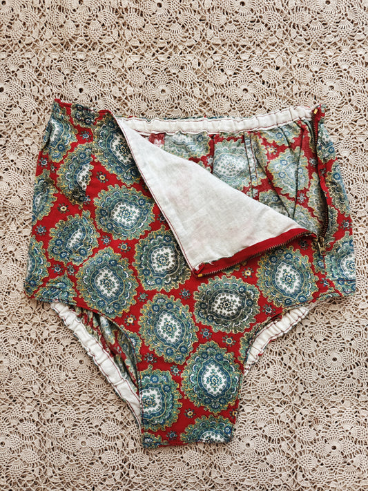 1940s French Red Paisley Cotton Sportswear Bottoms w/ Side Zipper- XS-S