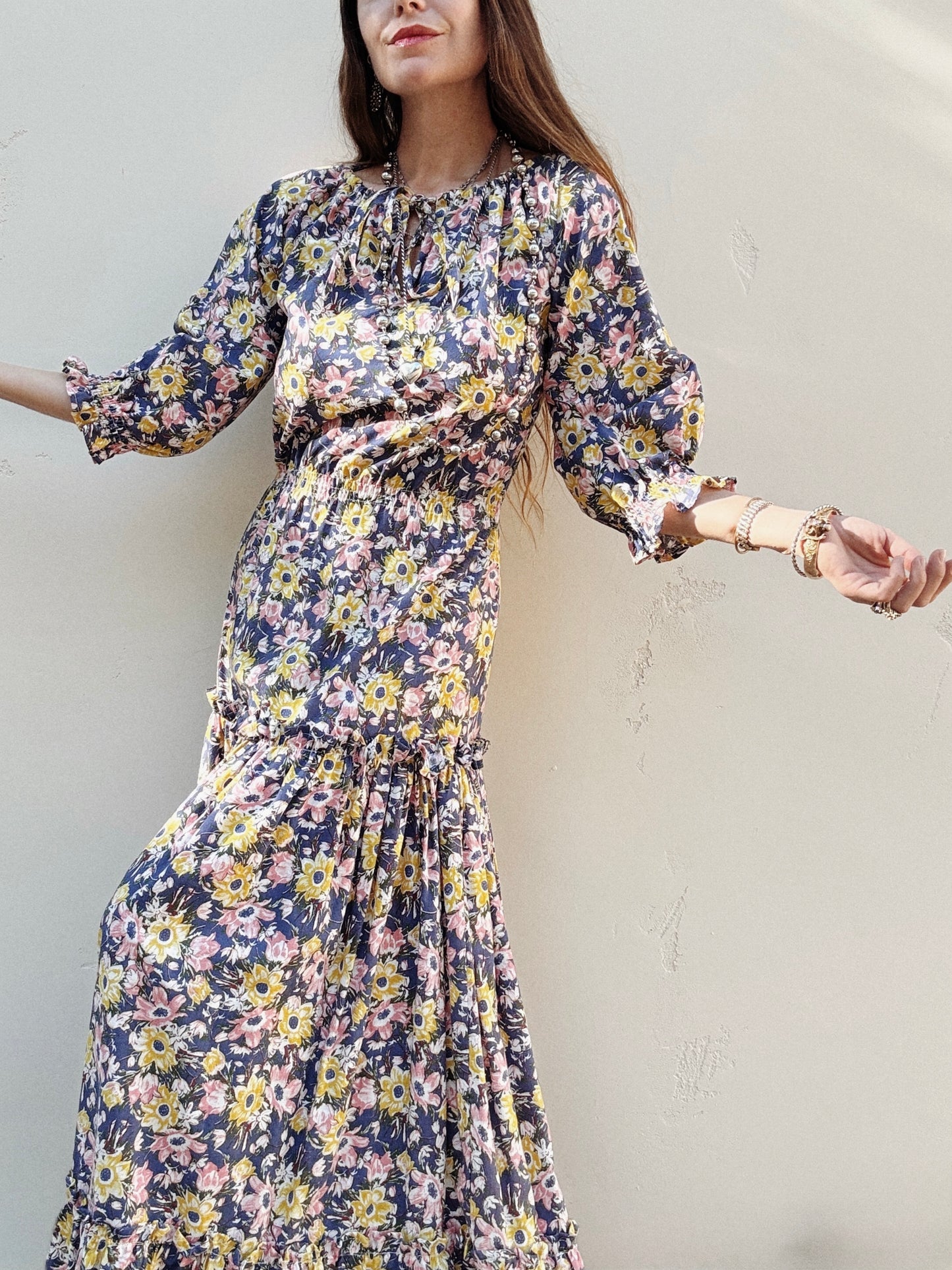 1970s Laura Ashley Rustic Blue Cotton Floral Dress- M/L