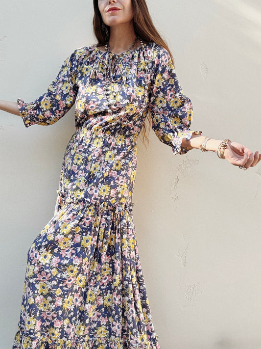 1970s Laura Ashley Rustic Blue Cotton Floral Dress- M-L
