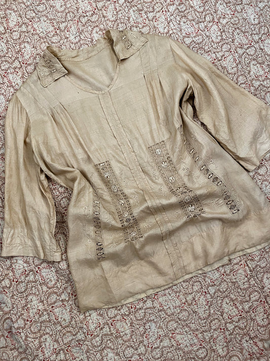 Antique Intricate Ecru Silk Lace Blouse- S/M
