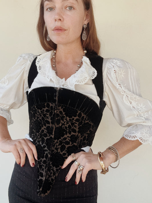 Antique Black Devoré Velvet Swiss Waist Corset- S/M