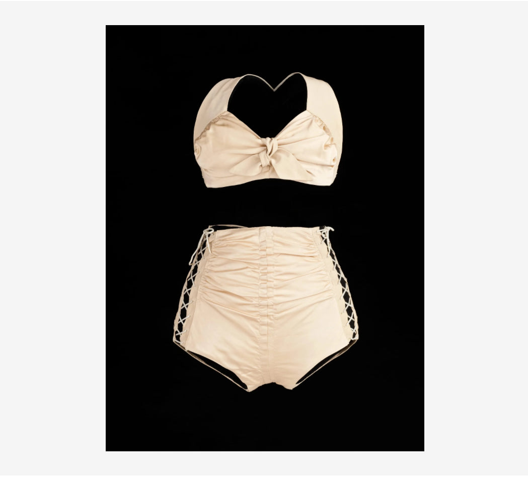 1942 Cole of California “Swoon Suit” Champagne Bombshell Ruched Lace Up Swimsuit- S/M-M