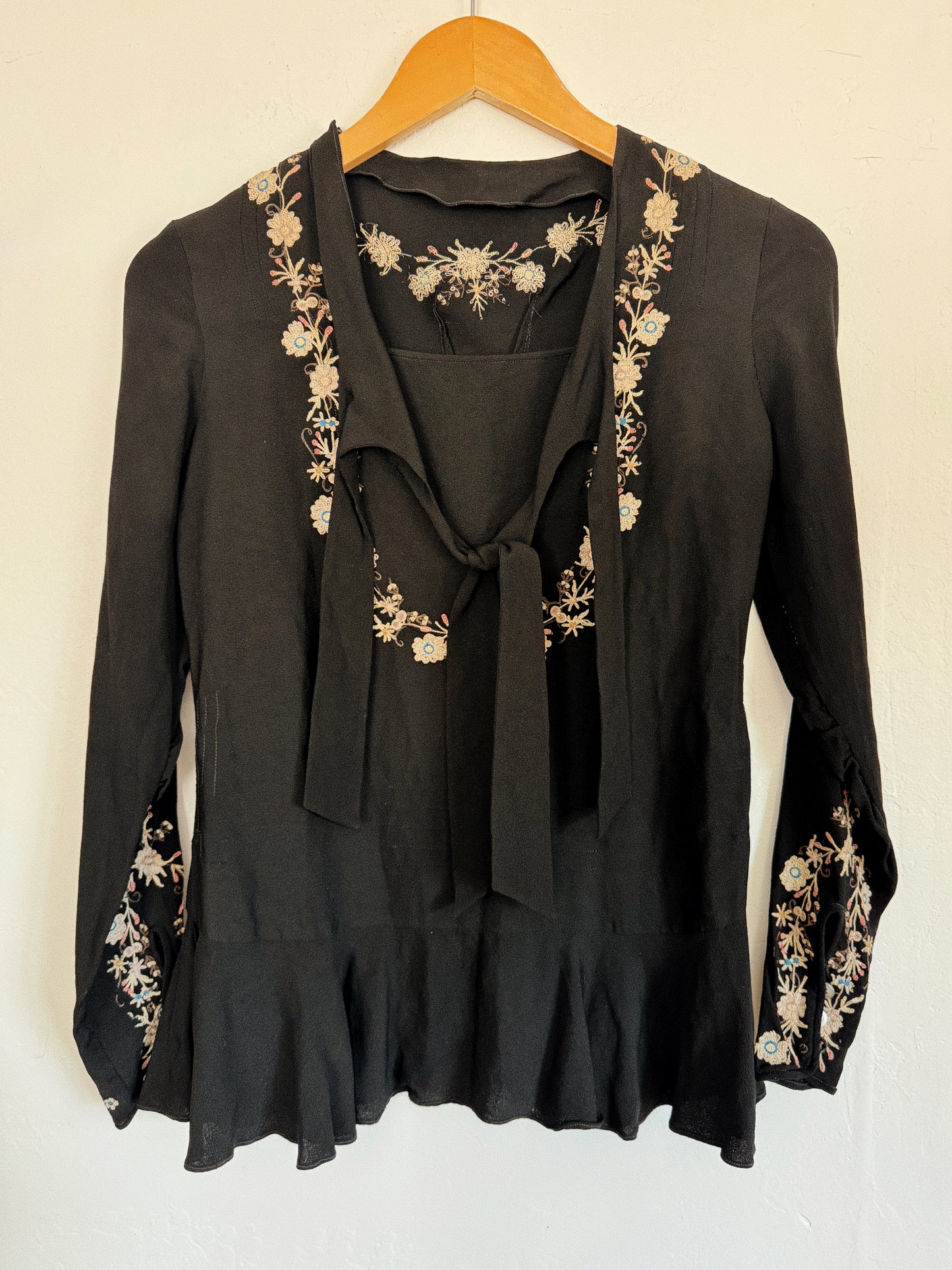 1930s Exquisite Black Embroidered Blouse- XS