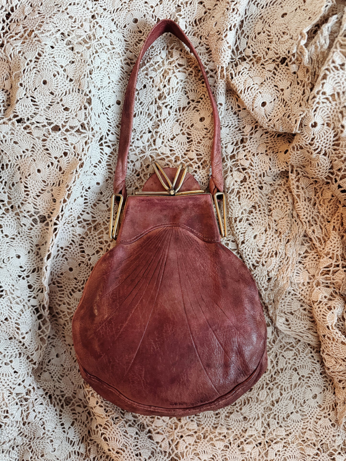 1930s Deco Cabernet Lambskin Shell Handbag w/ Brass Hardwear