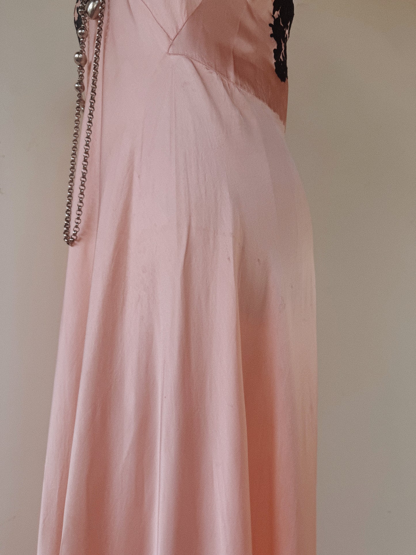 1930s Pretty in Pink Silk + Black Lace Slip Dress- S/M