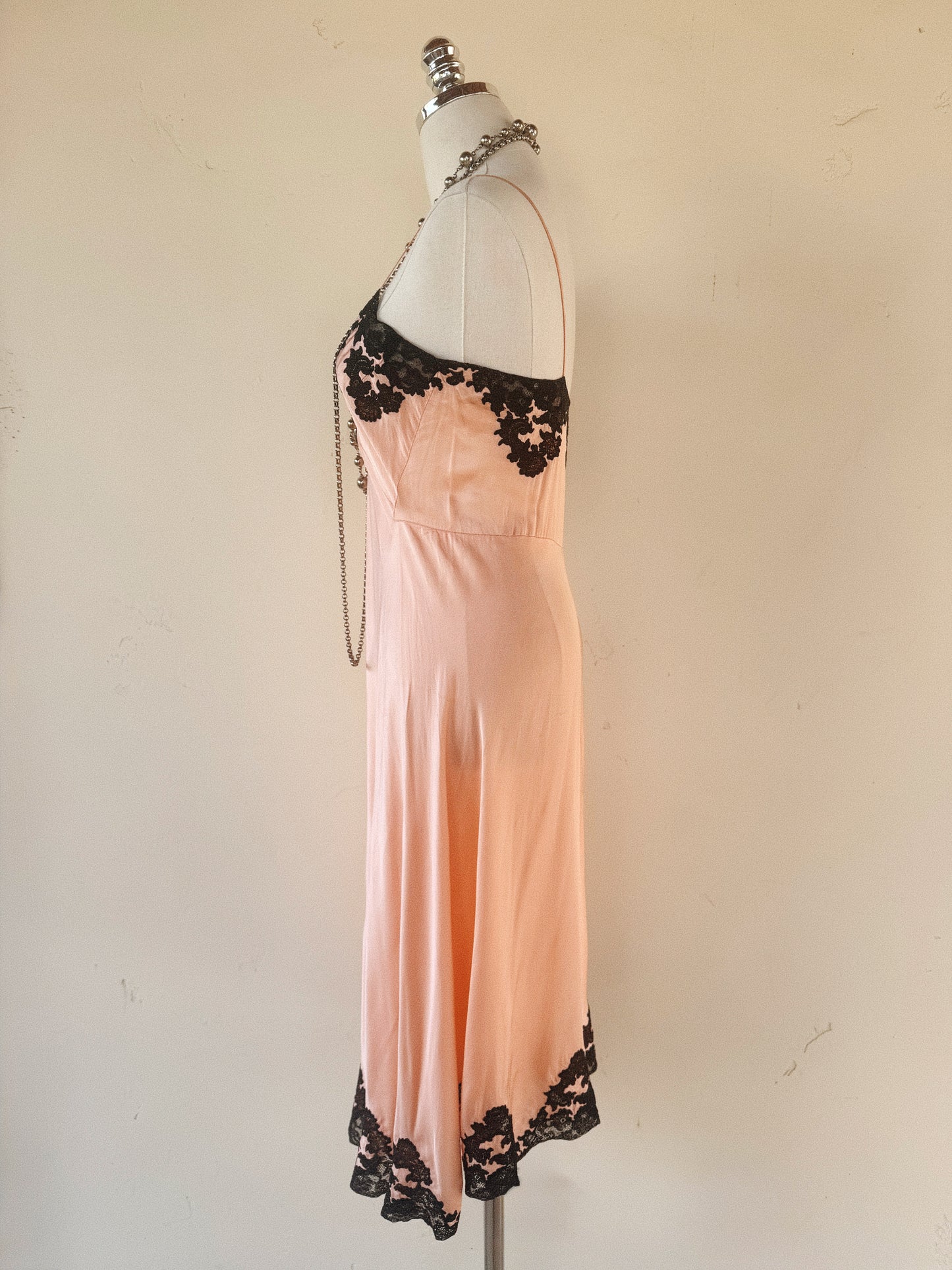 1930s Pretty in Pink Silk + Black Lace Slip Dress- S/M