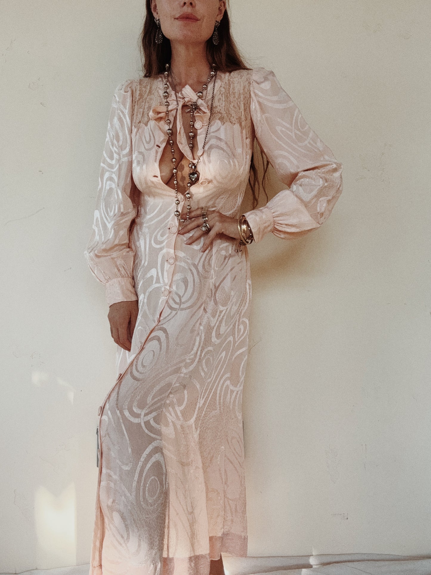 1930s Princess Pink Abstract Silk Dressing Gown- S