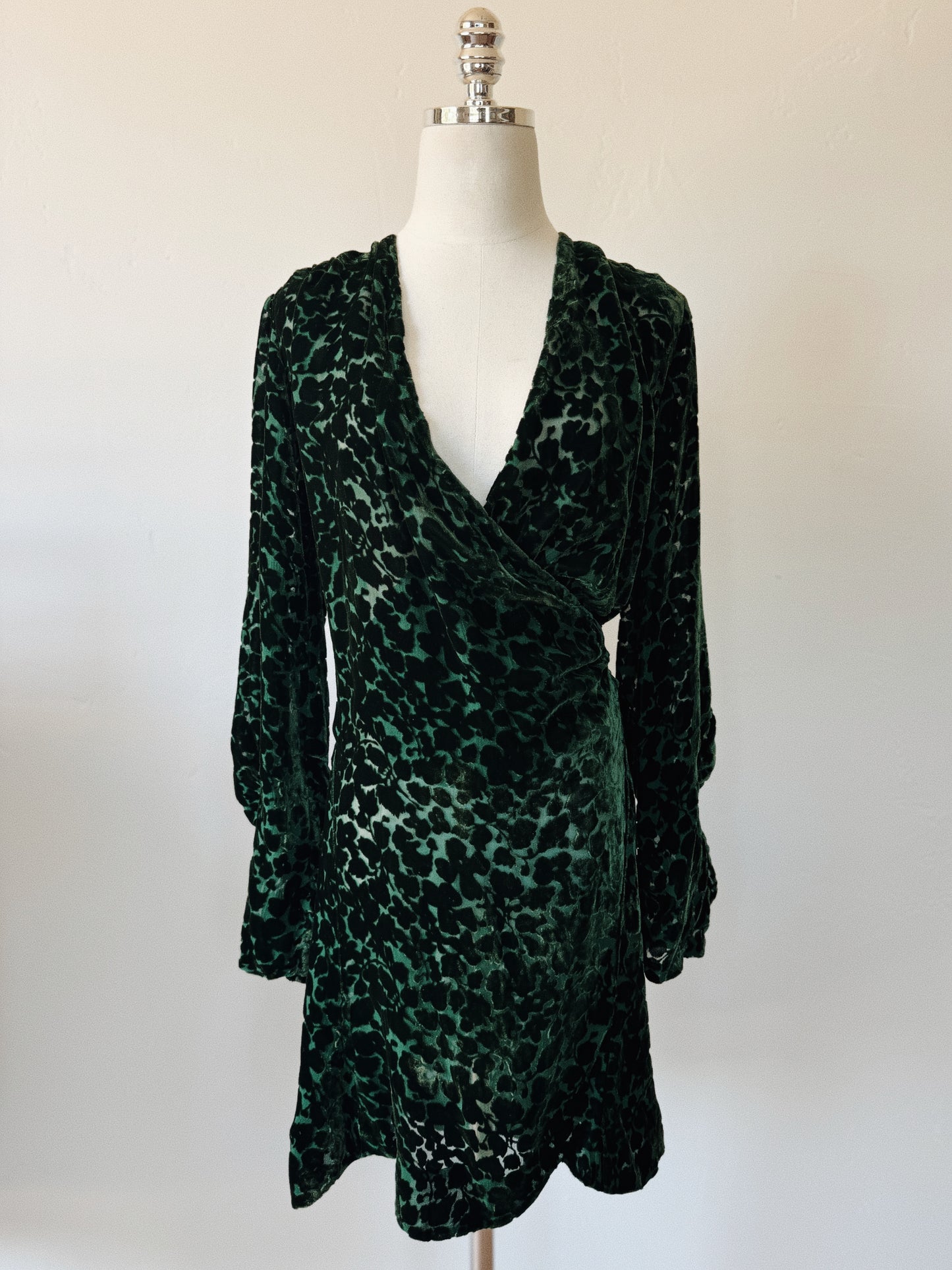 1920s/30s Emerald Devoré Silk Velvet Wrap Top Mini Dress- S/M-M