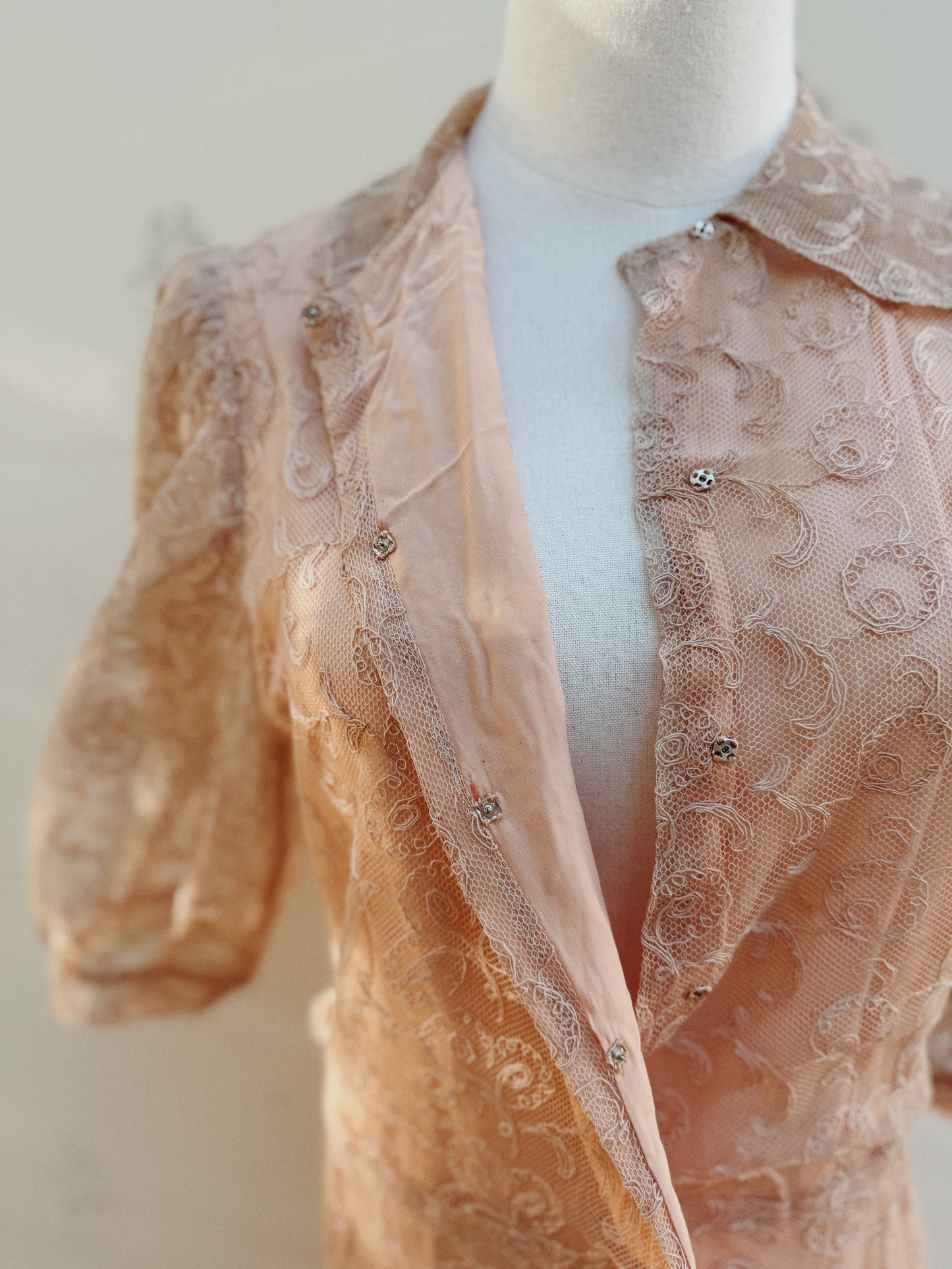 1930s Champagne + Pink Lace Dress w/ Puffed Shoulders- S/M-M