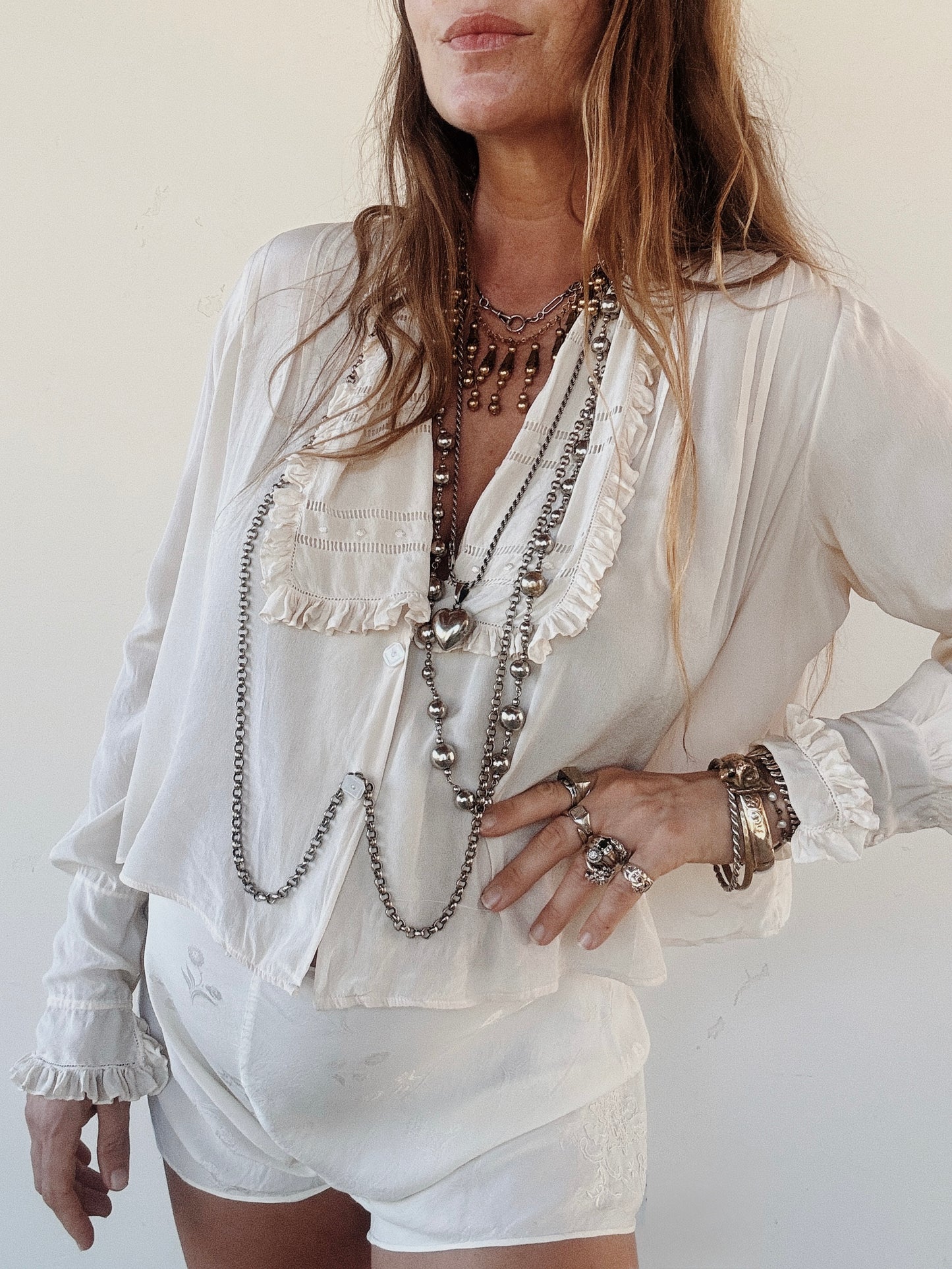 1930s Ivory Silk Cropped Embroidered Blouse- S/M-M