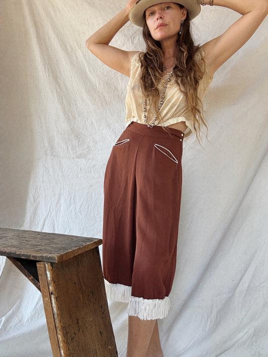 1950s Brown Gabardine Western Fringe Split Skirt Pants- 28” Waist