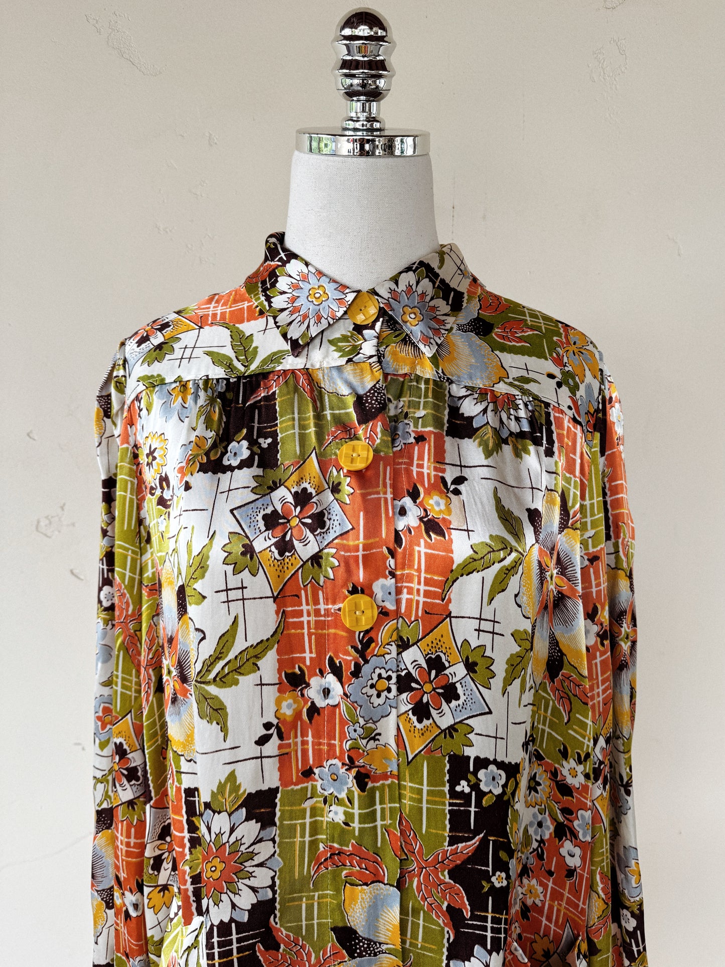 1940s Chartreuse + Orange Passionflower Satin Smock Jacket