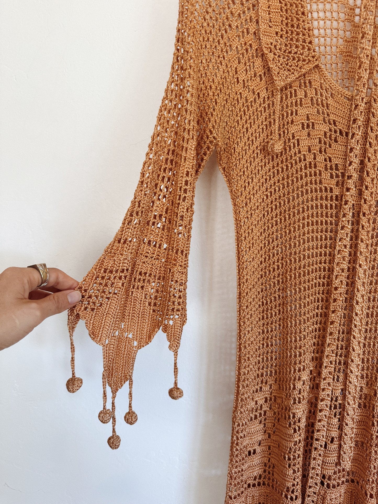 1920s Exquisite Caramel Crocheted Dress w/ Pom Poms- XS-S/M