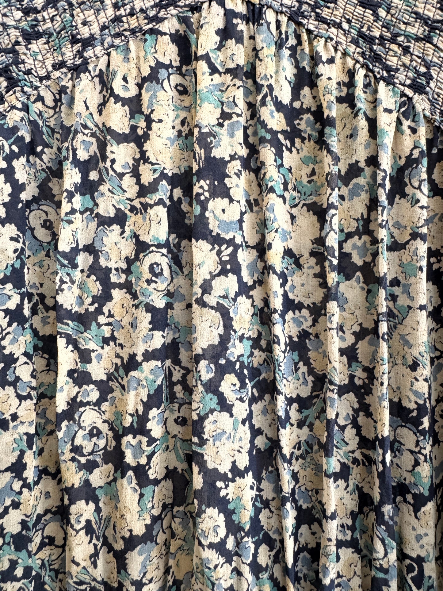 1930s Blue Floral Silk Chiffon Day Dress w/ Balloon Sleeves- S