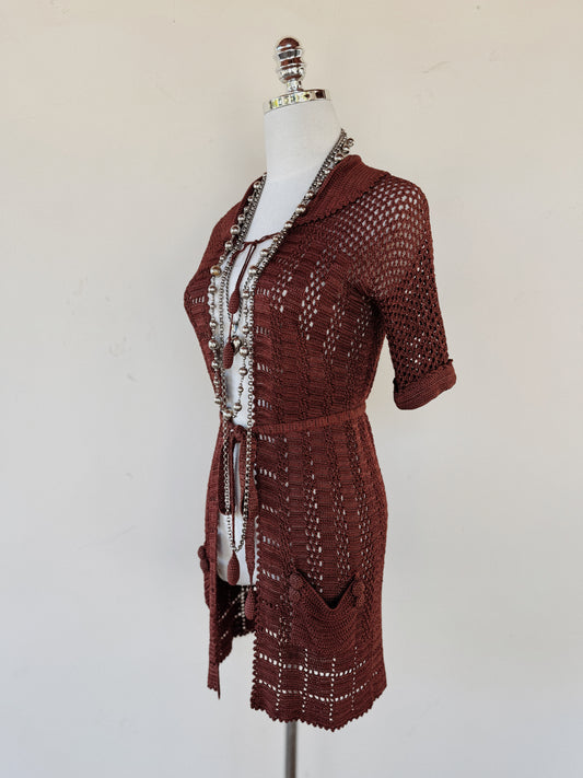 1920s Espresso Silk Crocheted Cardigan w/ Pom Poms- XS-S