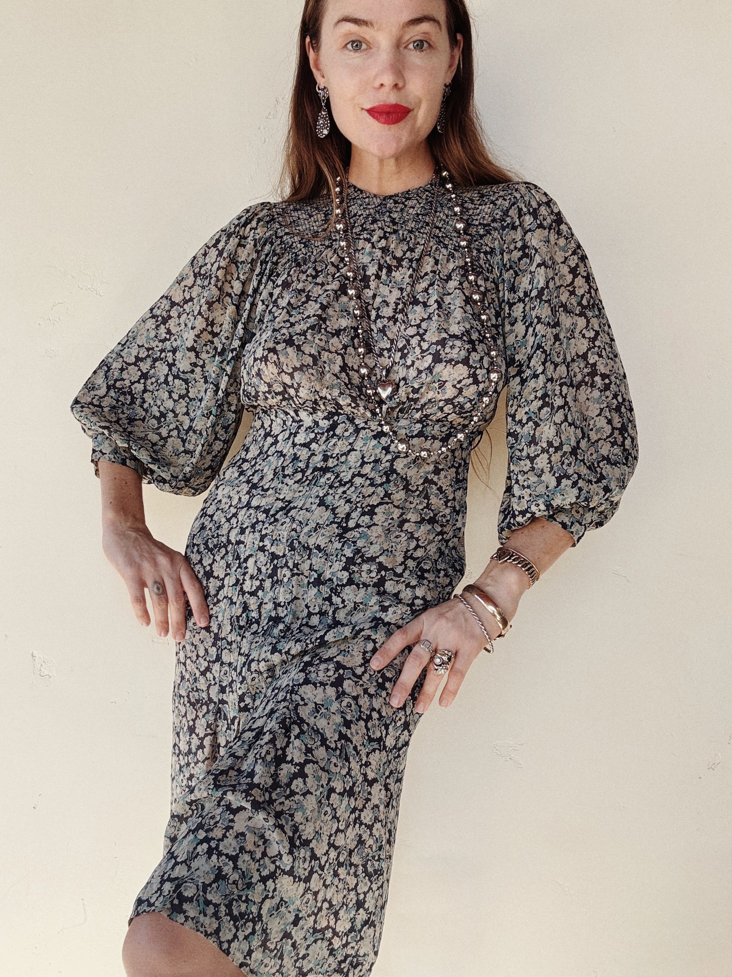 1930s Blue Floral Silk Chiffon Day Dress w/ Balloon Sleeves- S