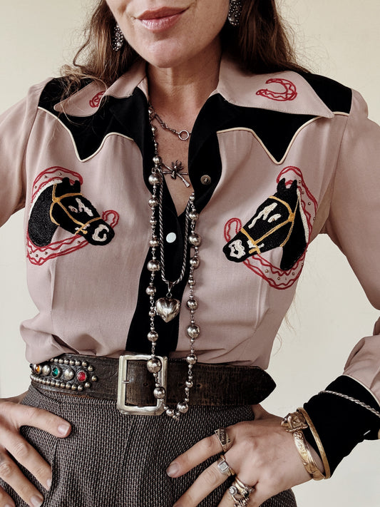 1940s Mauve + Black Horse Chain Stitched + Studded Top- S/M