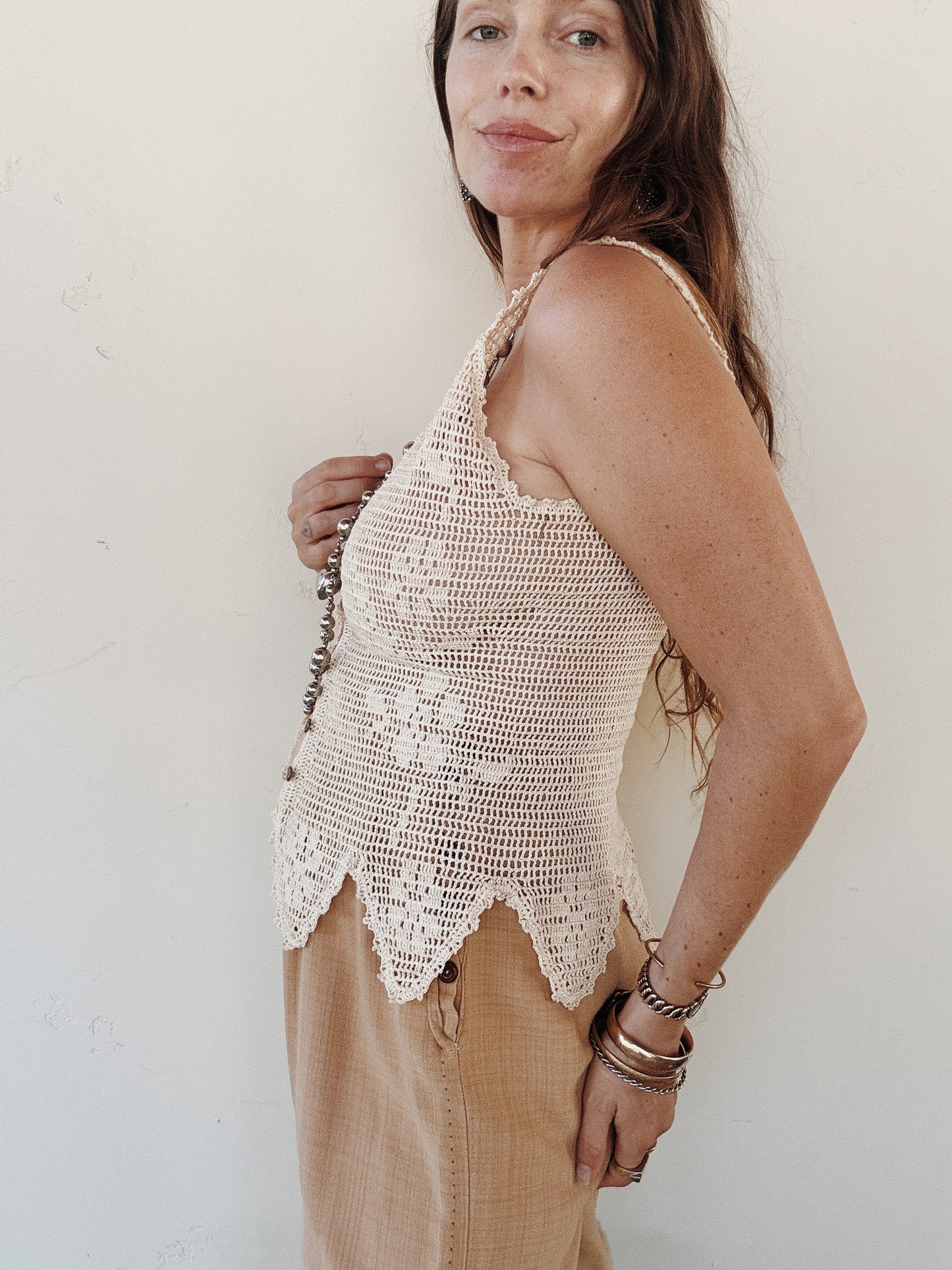 1960s Cotton Crocheted Top w/ Handkerchief Hem- S/M