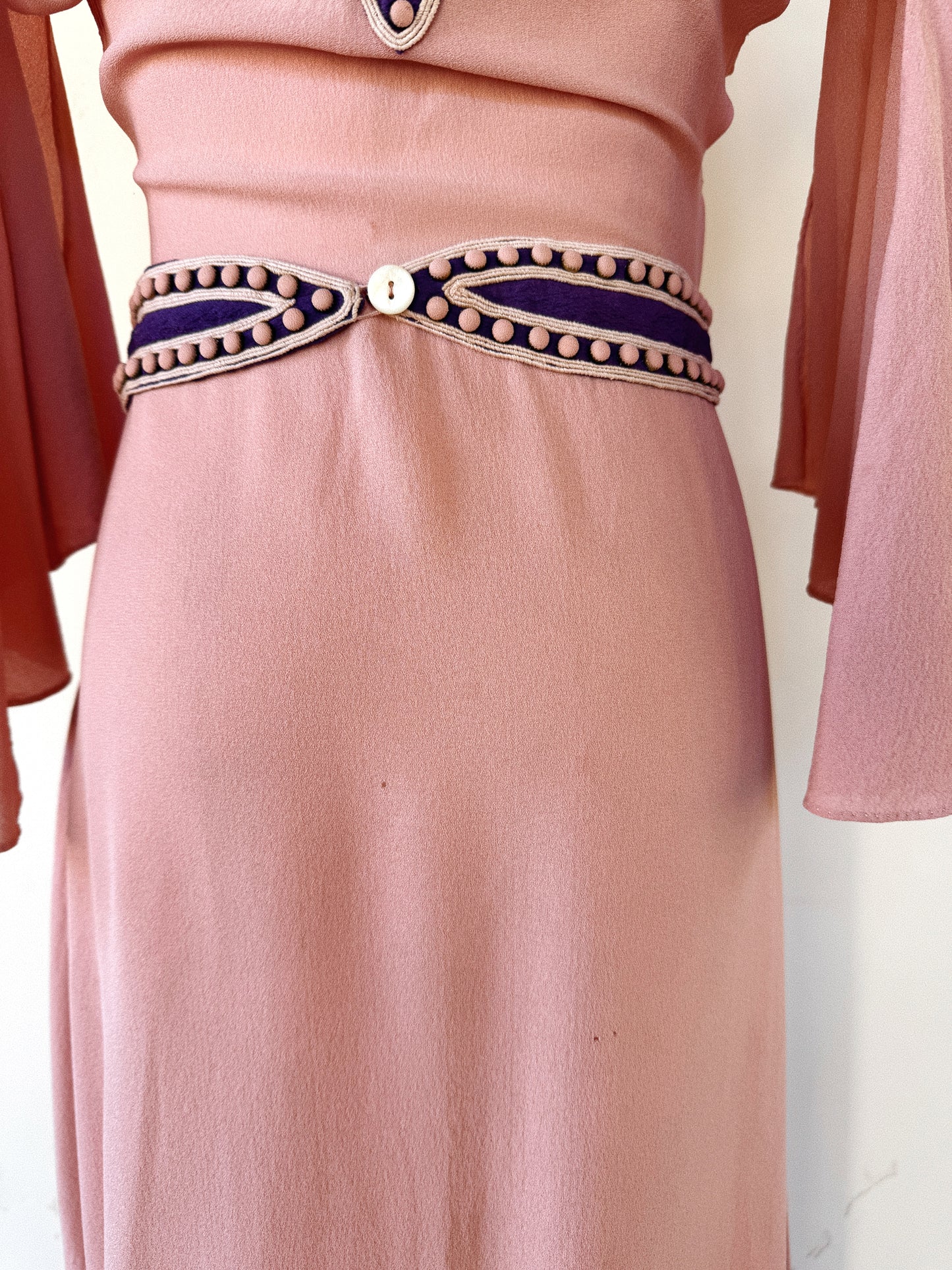 1930s Raspberry + Grape Sherbet Crepe Wrap Dress w/ Studs + Angel Sleeves- S/M