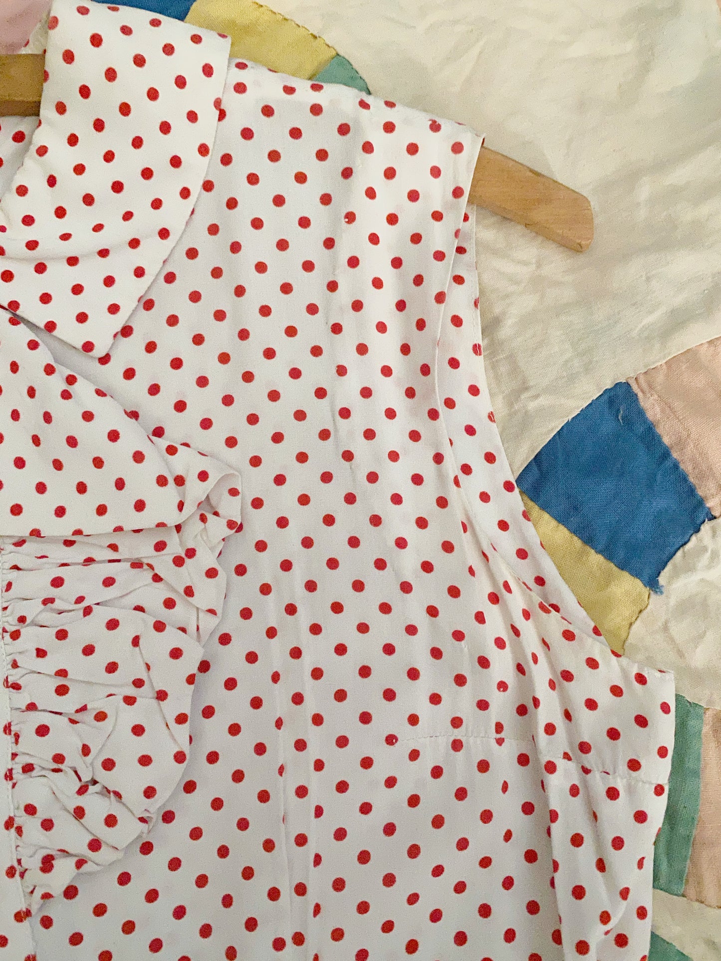 1940s/50s Cold Rayon White + Red Polka Dot Day Dress- S