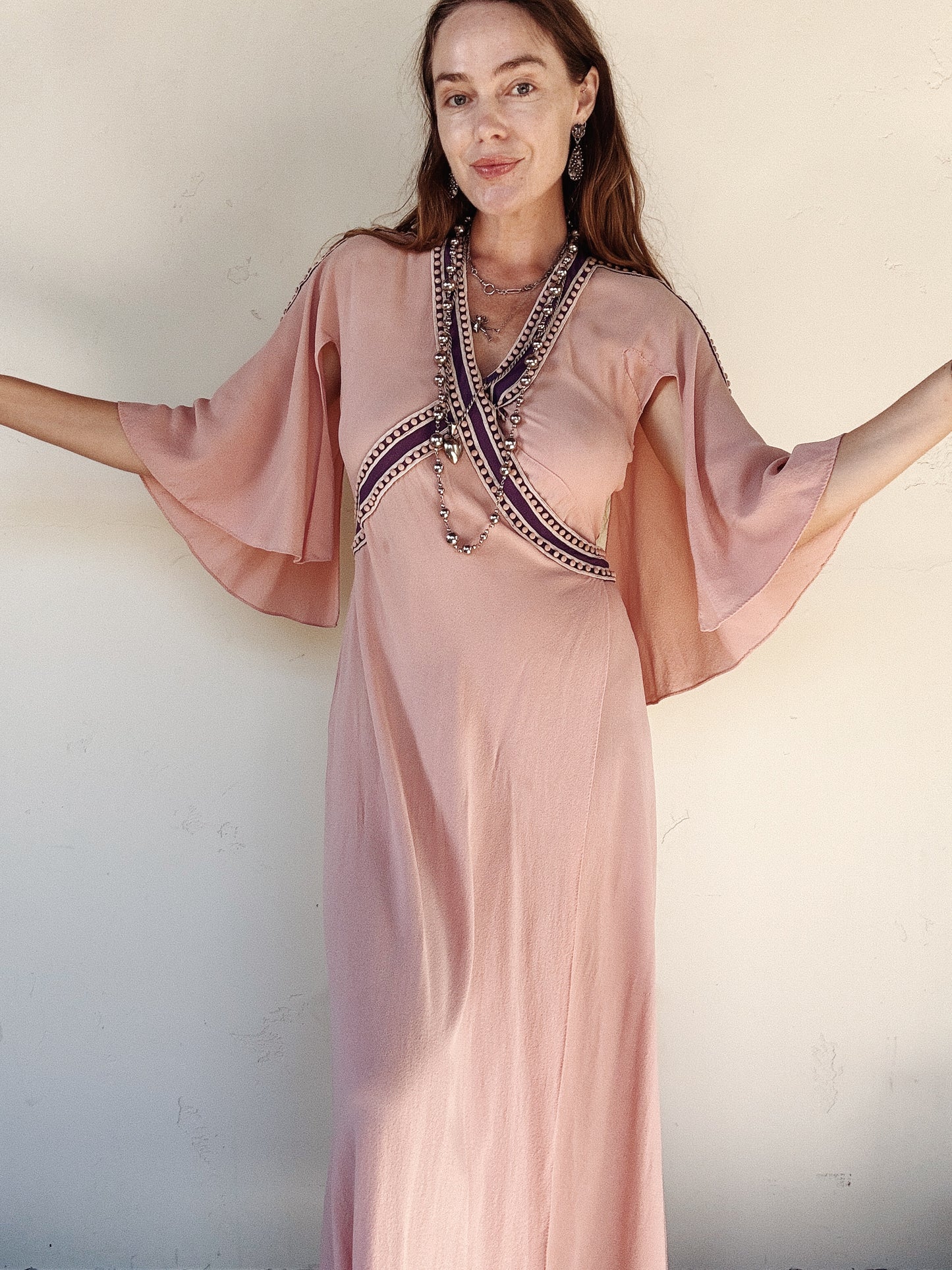 1930s Raspberry + Grape Sherbet Crepe Wrap Dress w/ Studs + Angel Sleeves- S/M