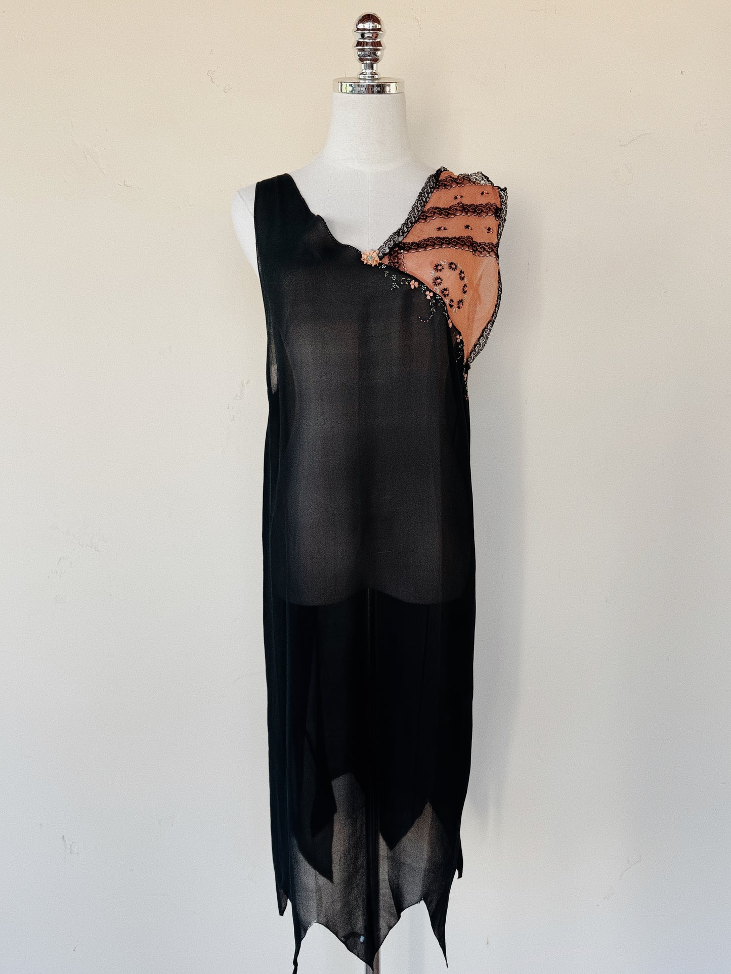 1920s Black Chiffon + Salmon Embroidered Shift Dress w/ Handkerchief Hem- M