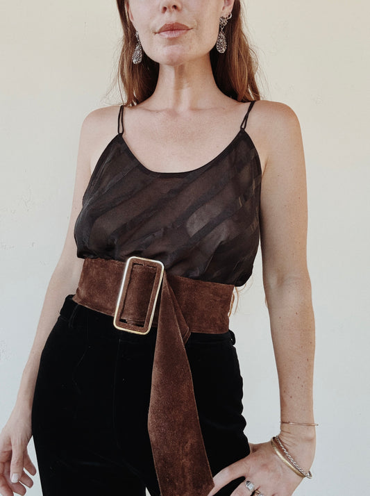 1970s Chocolate Brown Suede Oversized Belt- S-L
