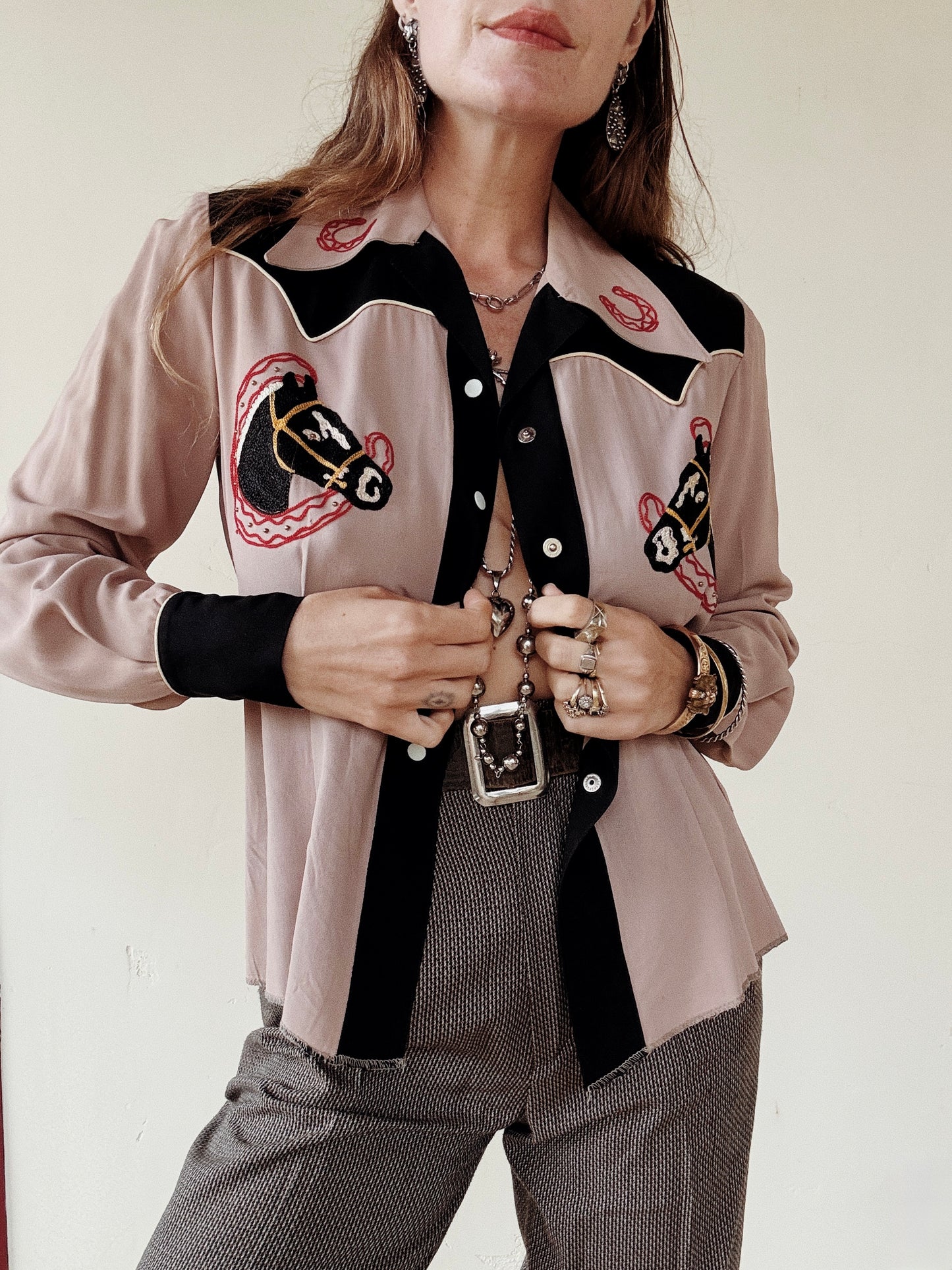 1940s Mauve + Black Horse Chain Stitched + Studded Top- S/M