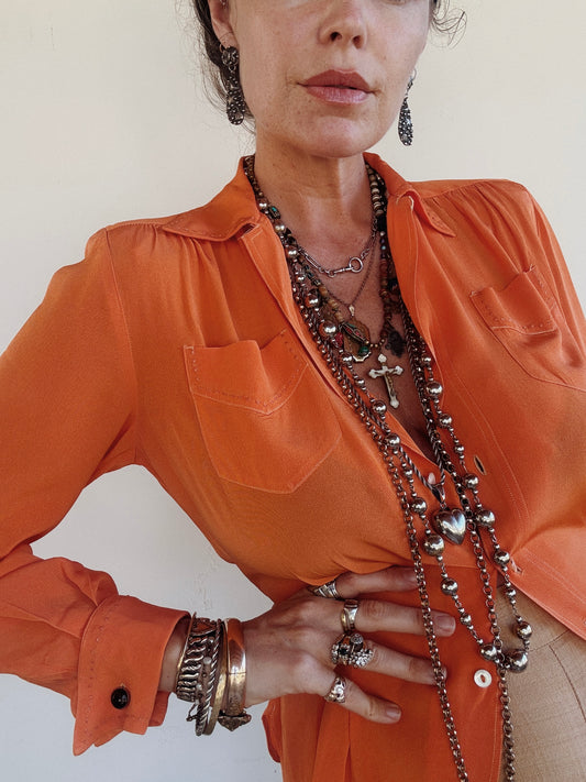 1940s Orange Sorbet Silk Crepe Blouse w/ Monochrome Stitching- S/M