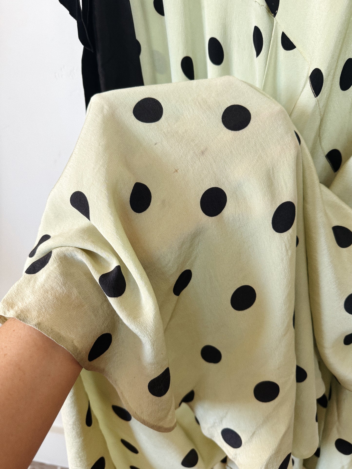 1930s Mint + Black Polka Dot Silk Draped Gown w/ Velvet Bows- S/M