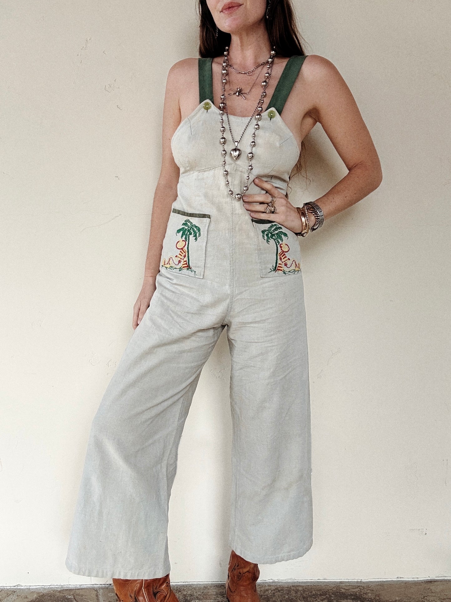 1930s Mint Green Linen Embroidered Vacation Overalls- S/M