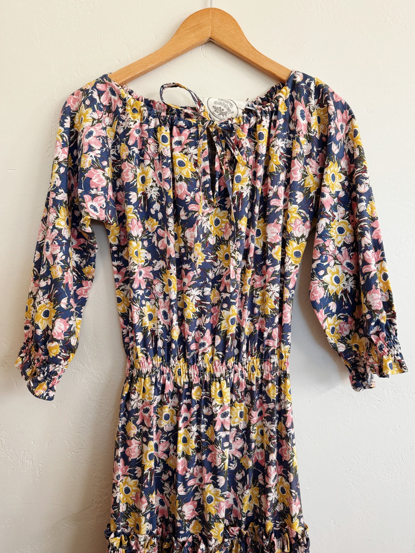 1970s Laura Ashley Rustic Blue Cotton Floral Dress- M/L